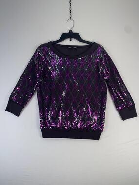 Express Blouse Womens Medium Purple Sequin Argyle 3/4 Sleeve Boat Neck Party Top